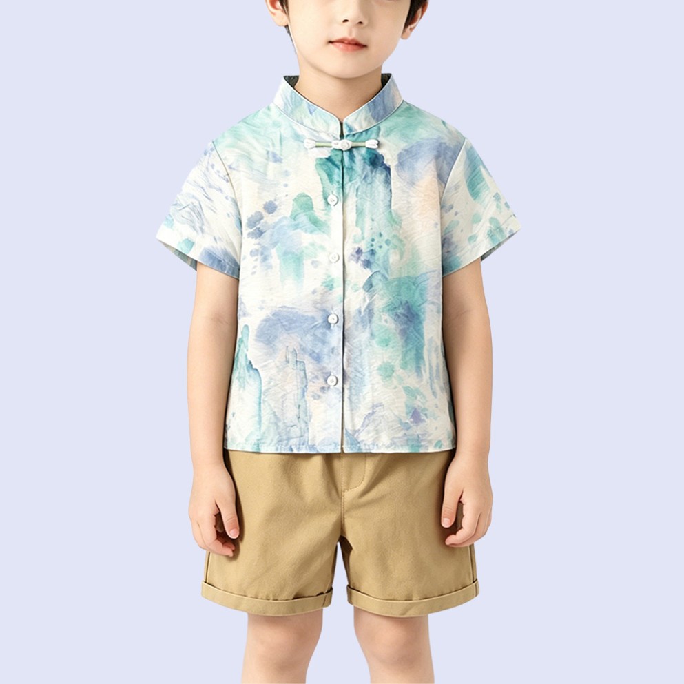 New Boys' Shirt with Traditional Chinese-Style Artistic Print