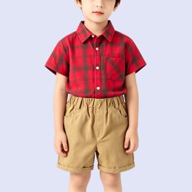 Boys' Red and Black Plaid Pure Cotton Shirt