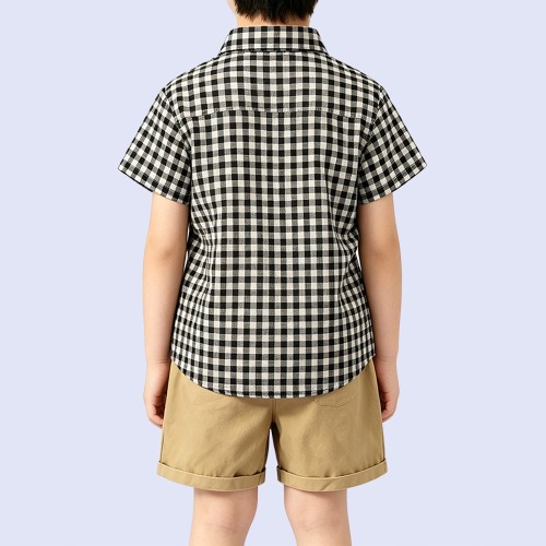 Boys' Black and White Plaid Stand-Collar Shirt