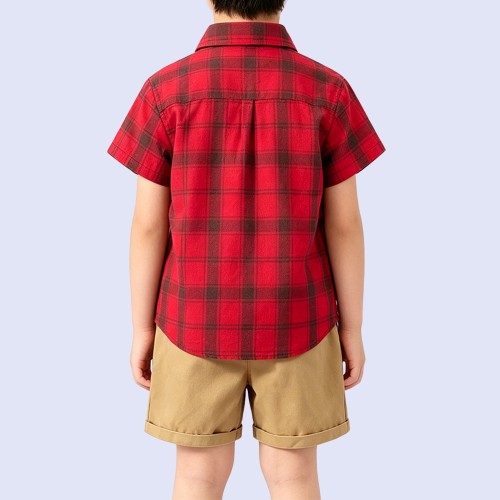 Boys' Red and Black Plaid Pure Cotton Shirt
