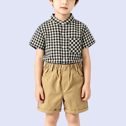 Boys' Black and White Plaid Stand-Collar Shirt