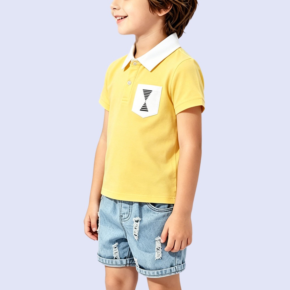 Stylish Yellow Lapel T-Shirt with Printed Pocket