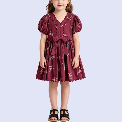 Girls' Retro-Elegant Floral Dress