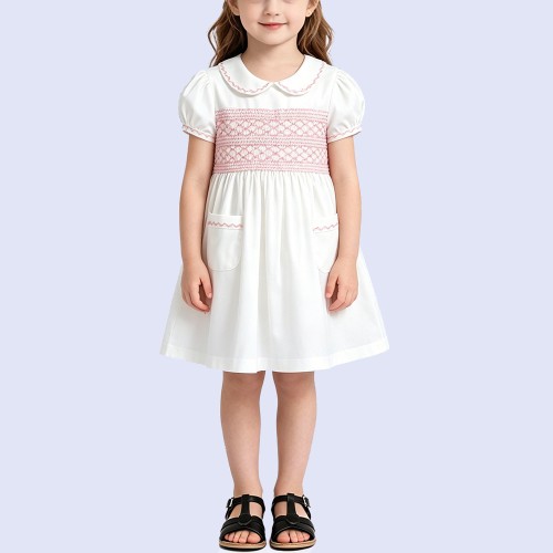 Girls' White Satin Knee-Length Dress