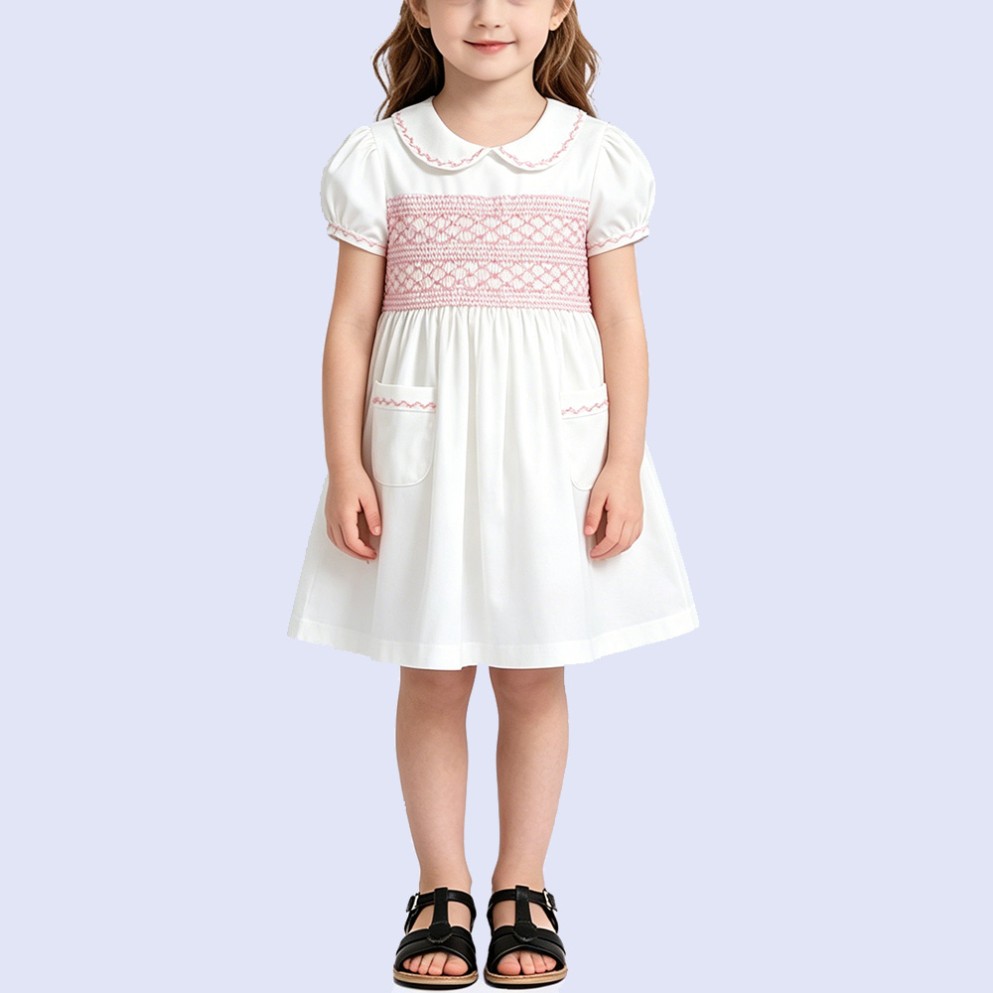 Girls' White Satin Knee-Length Dress