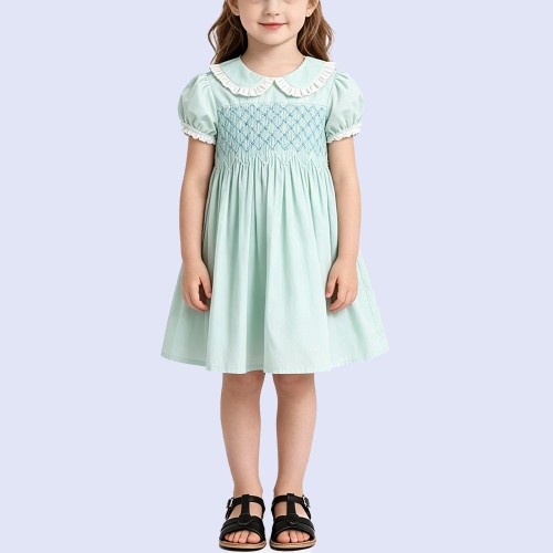 Mint Green Embroidered Turn-down Collar Dress