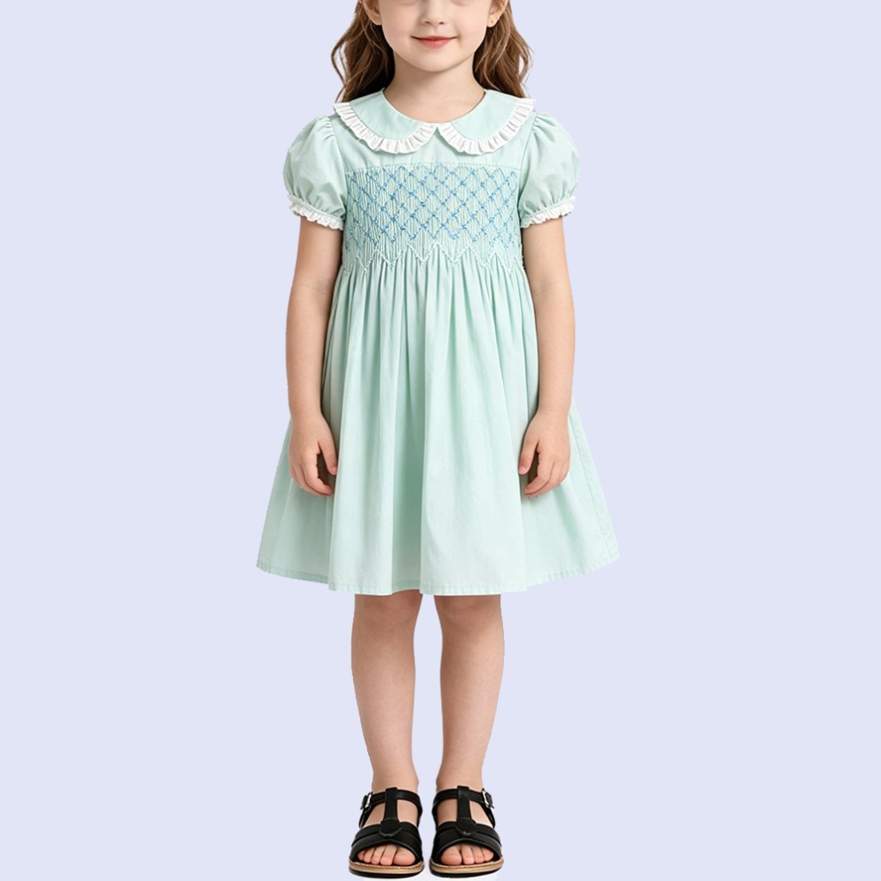 Mint Green Embroidered Turn-down Collar Dress