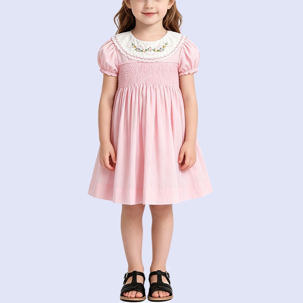 Girls' Cute Pink Floral Embroidered Dress