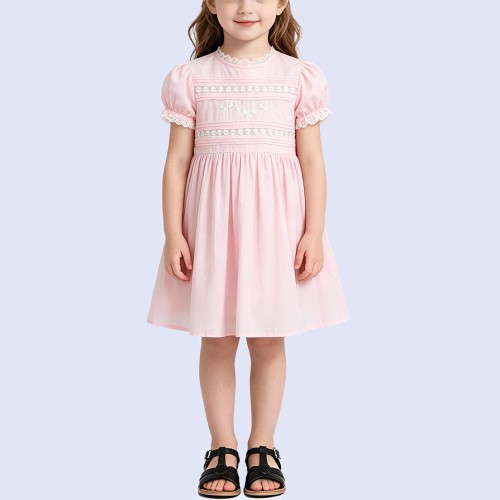 Pink Lace Round-Neck Knee-Length Dress
