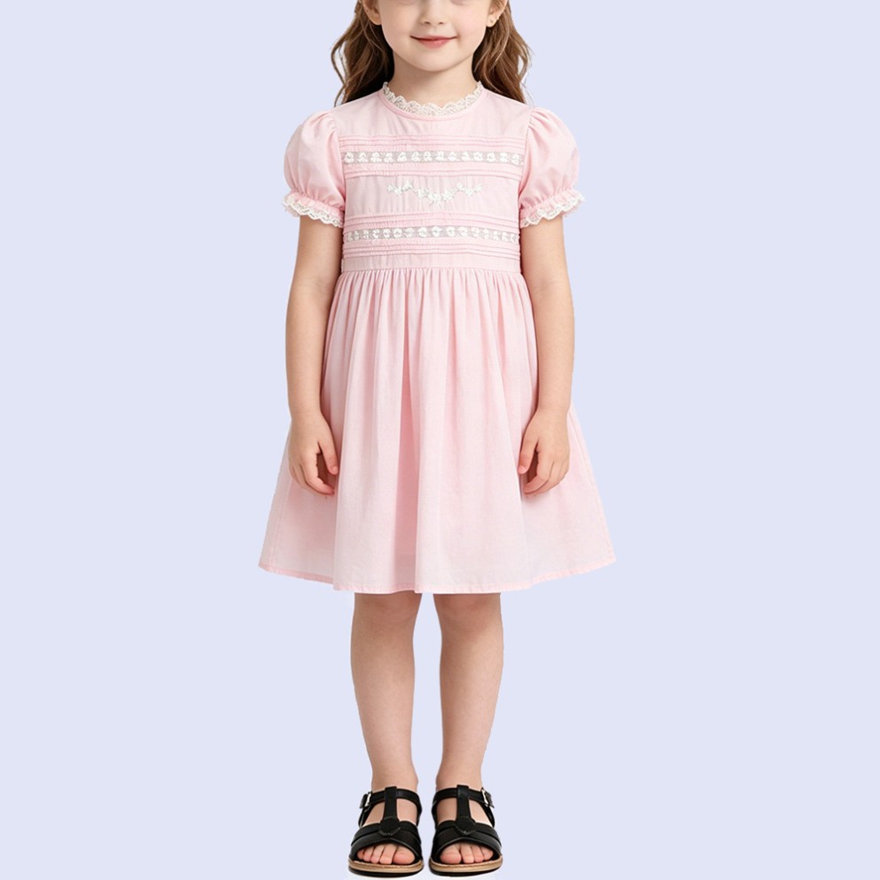 Pink Lace Round-Neck Knee-Length Dress