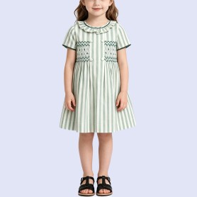 Girls' Fresh Green Striped Cotton Dress