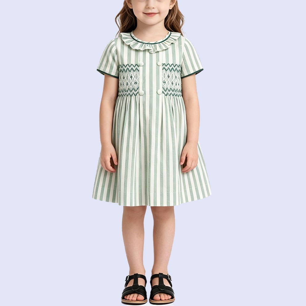 Girls' Fresh Green Striped Cotton Dress