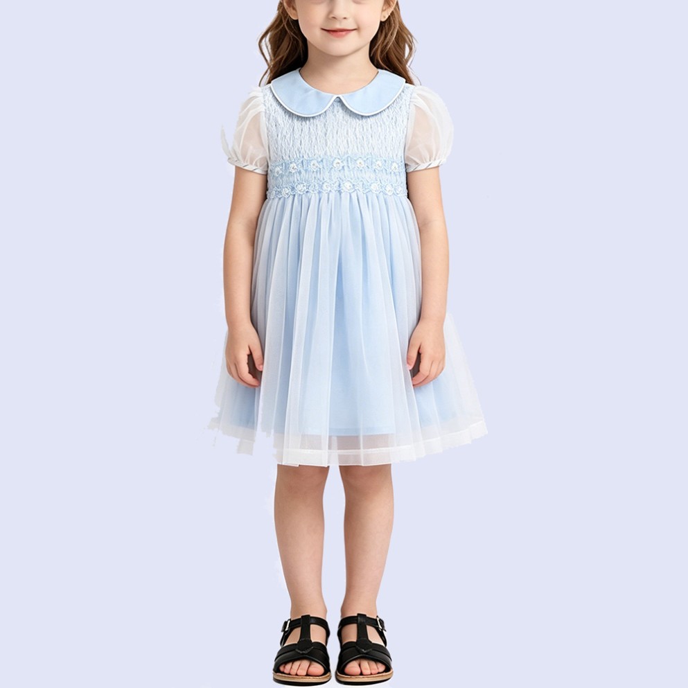 Girls' Shirred Peter Pan Collar Dress