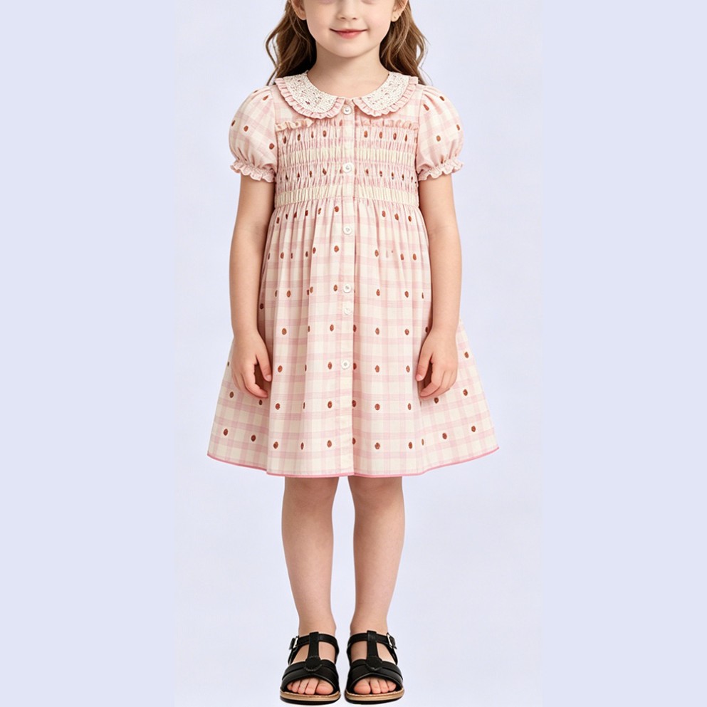 Girls' Elegant Polka-Dot Princess Dress with Buttons