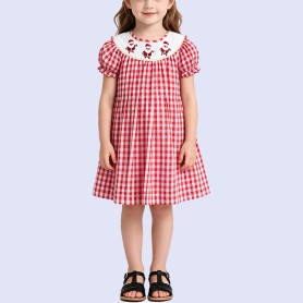 Girls' Red and White Plaid Pure Cotton A-Line Dress