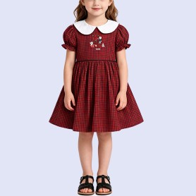 Girls' Retro Red and Green Plaid Pure Cotton Dress