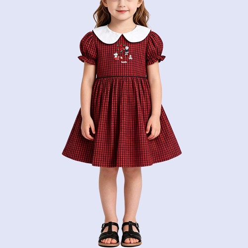 Girls' Retro Red and Green Plaid Pure Cotton Dress