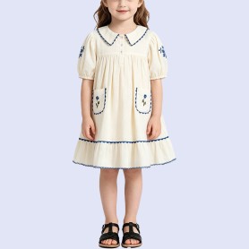 Retro Color-block Dress with Floral Embroidery
