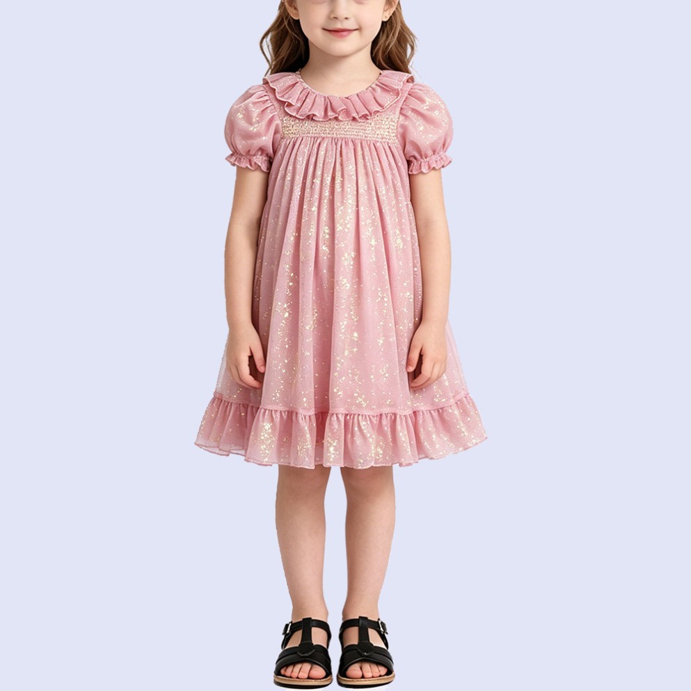 Girls' Ruched Tulle Ruffle-Collar Dress