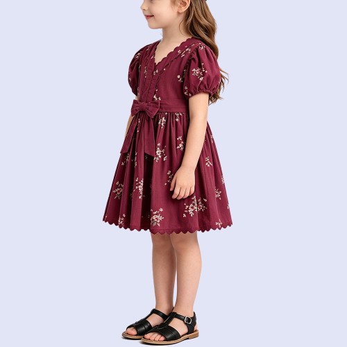 Girls' Retro-Elegant Floral Dress