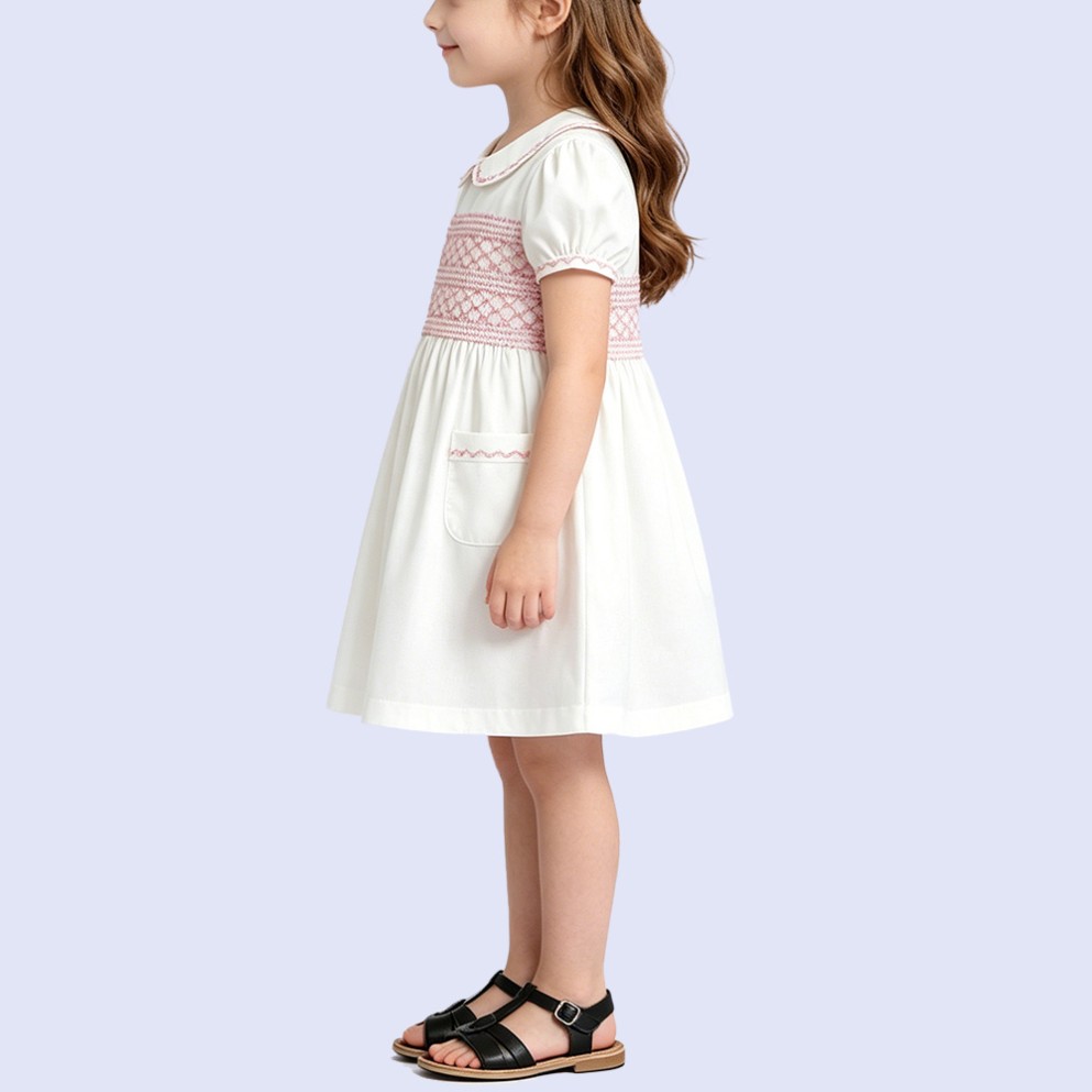 Girls' White Satin Knee-Length Dress