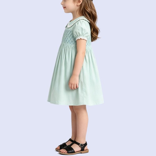 Mint Green Embroidered Turn-down Collar Dress
