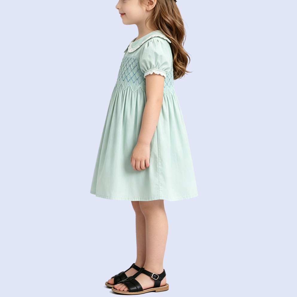Mint Green Embroidered Turn-down Collar Dress