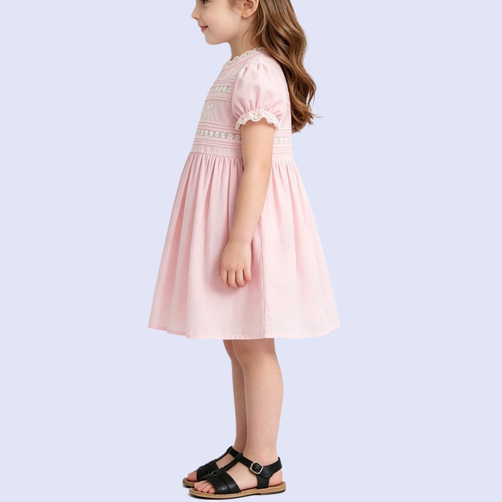 Pink Lace Round-Neck Knee-Length Dress