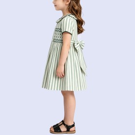 Girls' Fresh Green Striped Cotton Dress