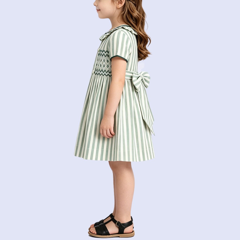Girls' Fresh Green Striped Cotton Dress