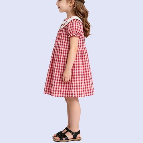 Girls' Red and White Plaid Pure Cotton A-Line Dress