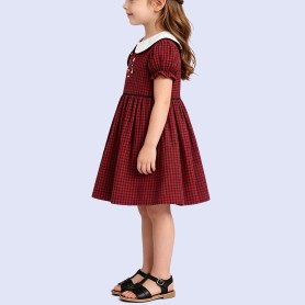 Girls' Retro Red and Green Plaid Pure Cotton Dress