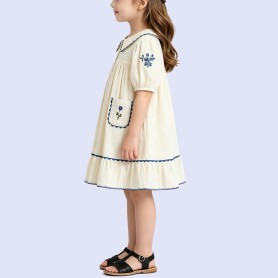 Retro Color-block Dress with Floral Embroidery