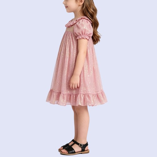 Girls' Ruched Tulle Ruffle-Collar Dress