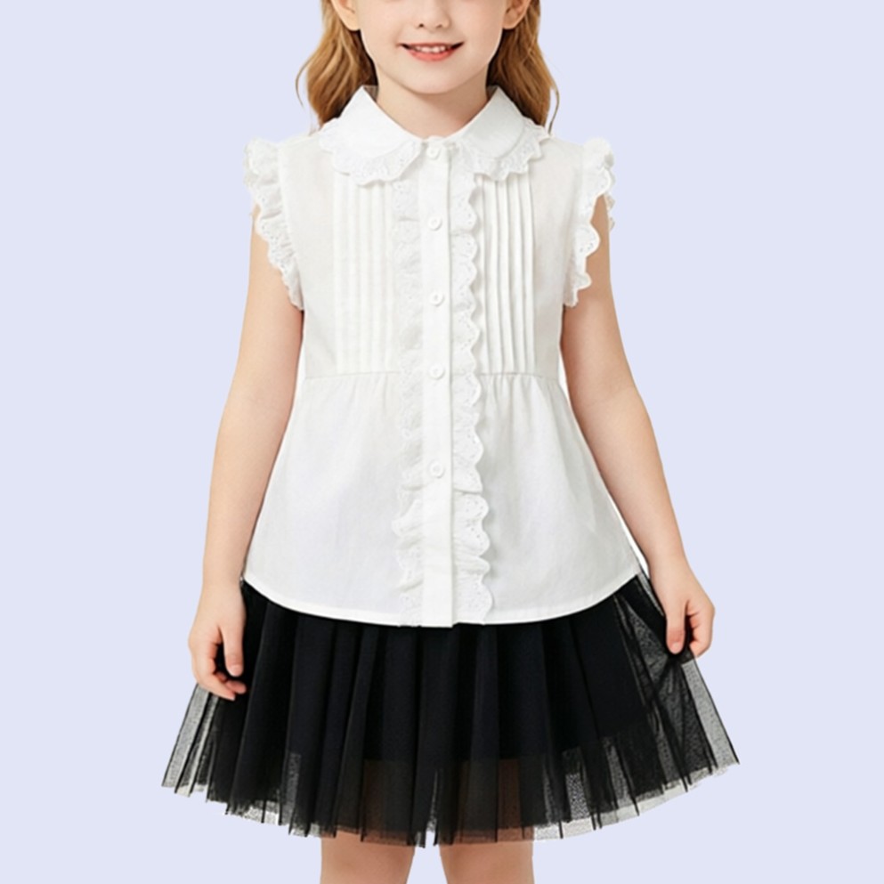 Girls' Pure White Elegant Sleeveless Shirt