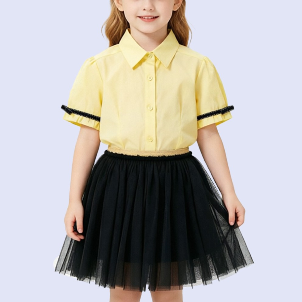 Girls' Shirt with Piped Ruched Cuffs