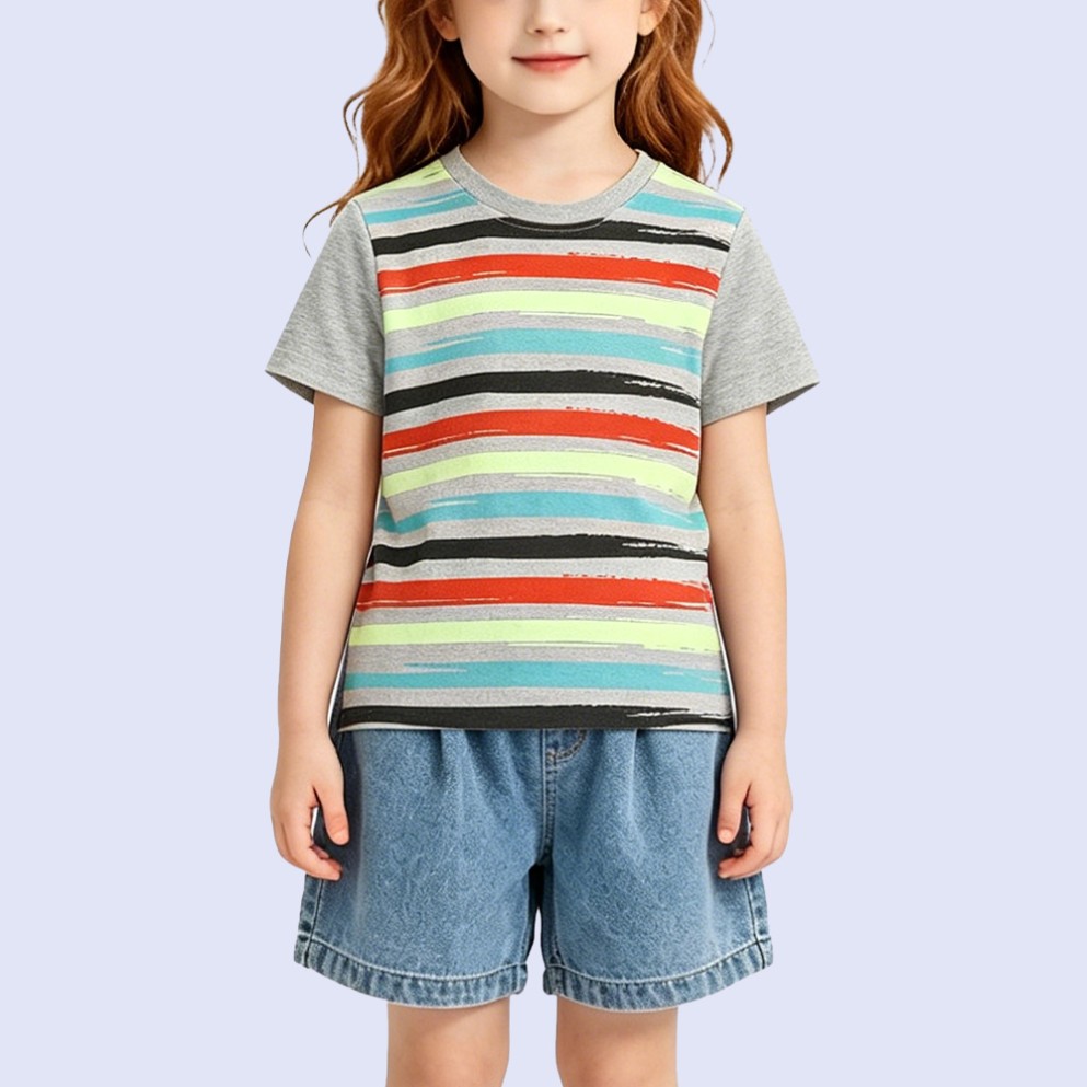 Girls' Crew-Neck T-Shirt with Artistic Striped Print