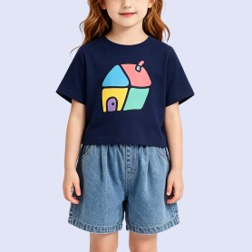 Anti-Pilling Color-Block T-Shirt with Little House Pattern