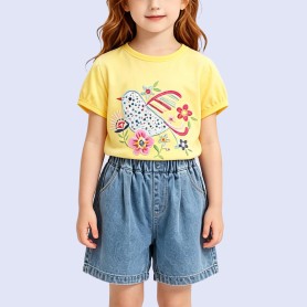 Exquisite Floral and Bird Embroidery Crew-Neck T-Shirt
