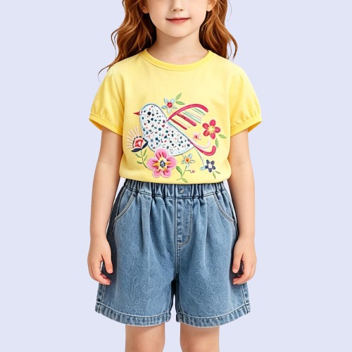 Exquisite Floral and Bird Embroidery Crew-Neck T-Shirt