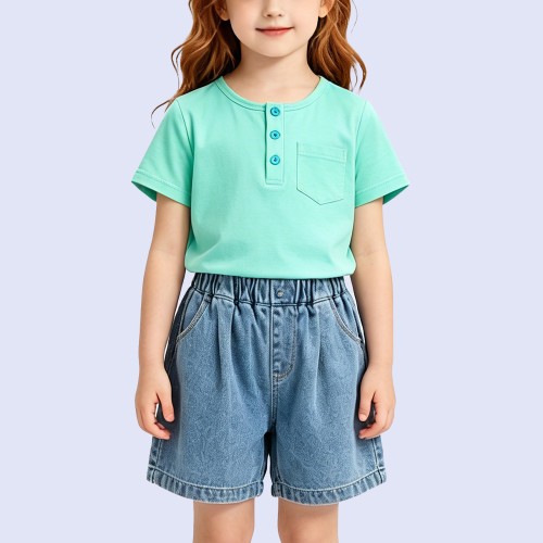 Girls' Casual Crew-Neck T-Shirt with Pocket
