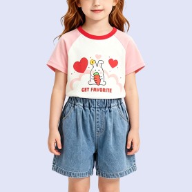 Color-block T-shirt with Rabbit and Heart Print