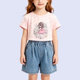 Crew Neck Short-Sleeve Top with Polka Dot Princess Print