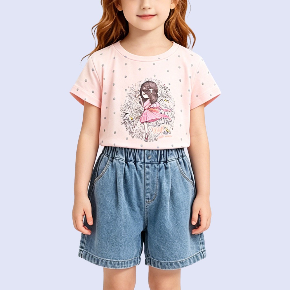 Crew Neck Short-Sleeve Top with Polka Dot Princess Print