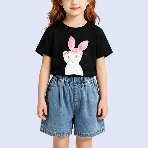 Girls' Crew-Neck T-Shirt with Watercolor Kitten Print