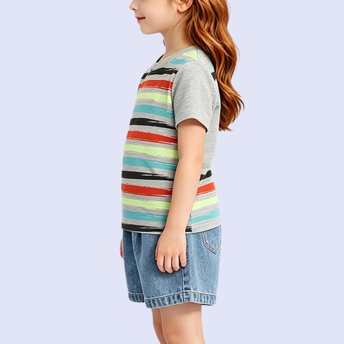 Girls' Crew-Neck T-Shirt with Artistic Striped Print