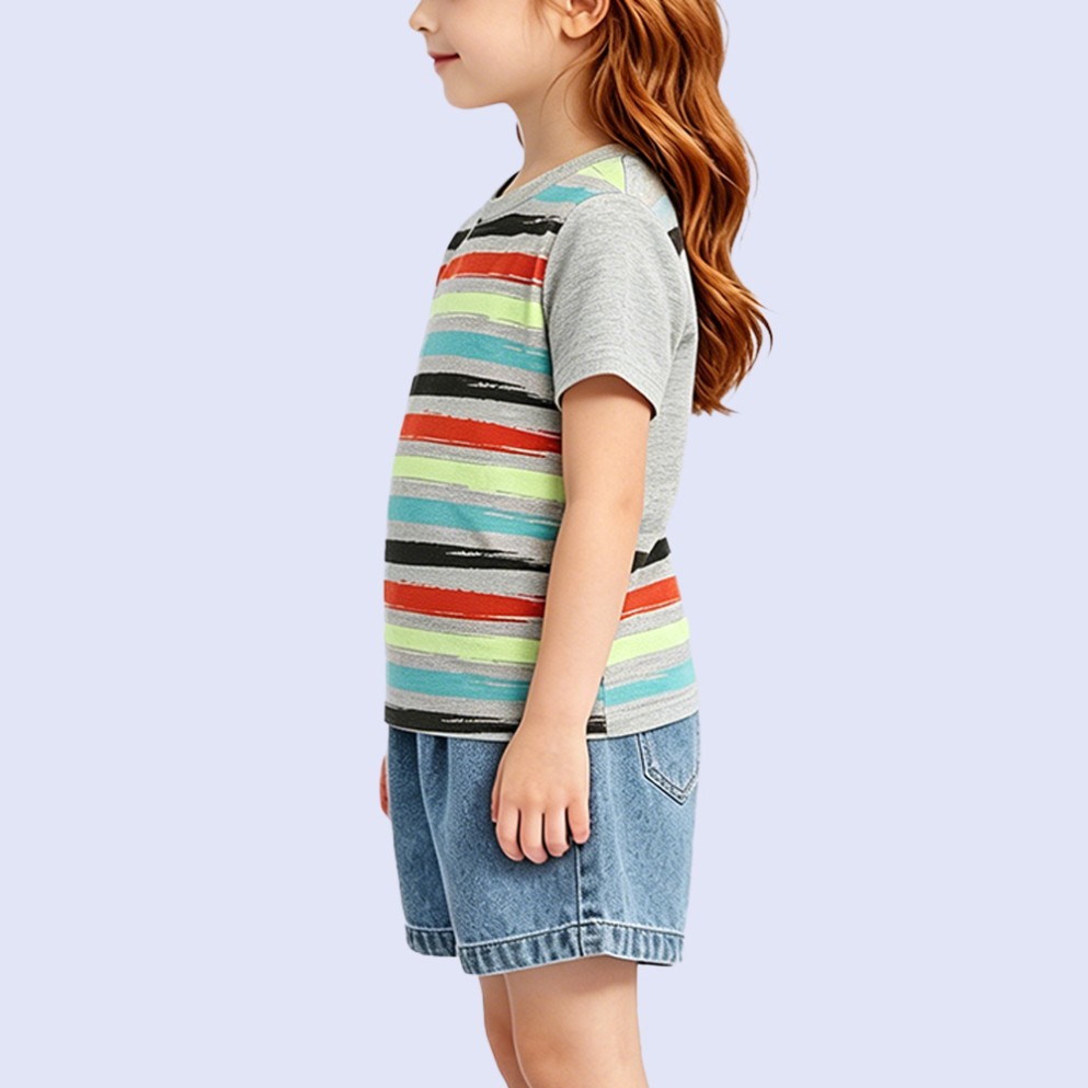 Girls' Crew-Neck T-Shirt with Artistic Striped Print
