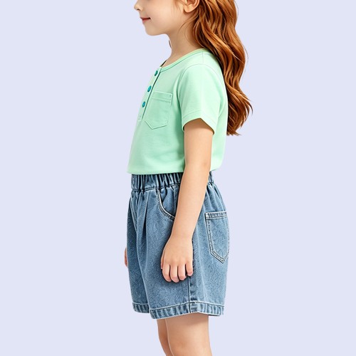 Girls' Casual Crew-Neck T-Shirt with Pocket