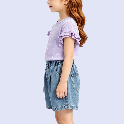 Purple T-Shirt with Playful Graphic and Ruching
