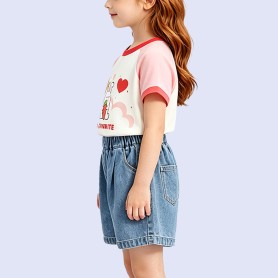 Color-block T-shirt with Rabbit and Heart Print